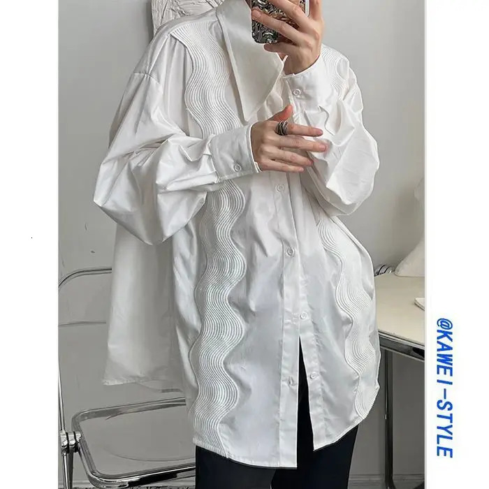 Spring and Autumn White Shirt for Men French Wave Embroidered Long Sleeve Blouse Men Loose Casual Polo Collar Top Men Clothes 250304