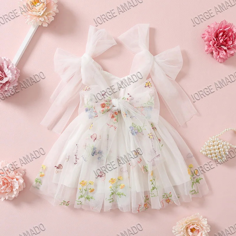 Easter Kids Dress Girl Summer Floral Bow Sleeveless Dance Performance Girls Clothes E1236 250303