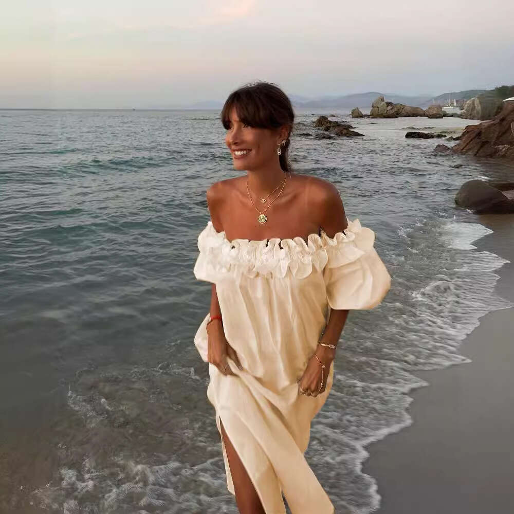 New European American solid color cotton en sexy one neck split vacation dress for women in 2025, with a unique and elegant temperament