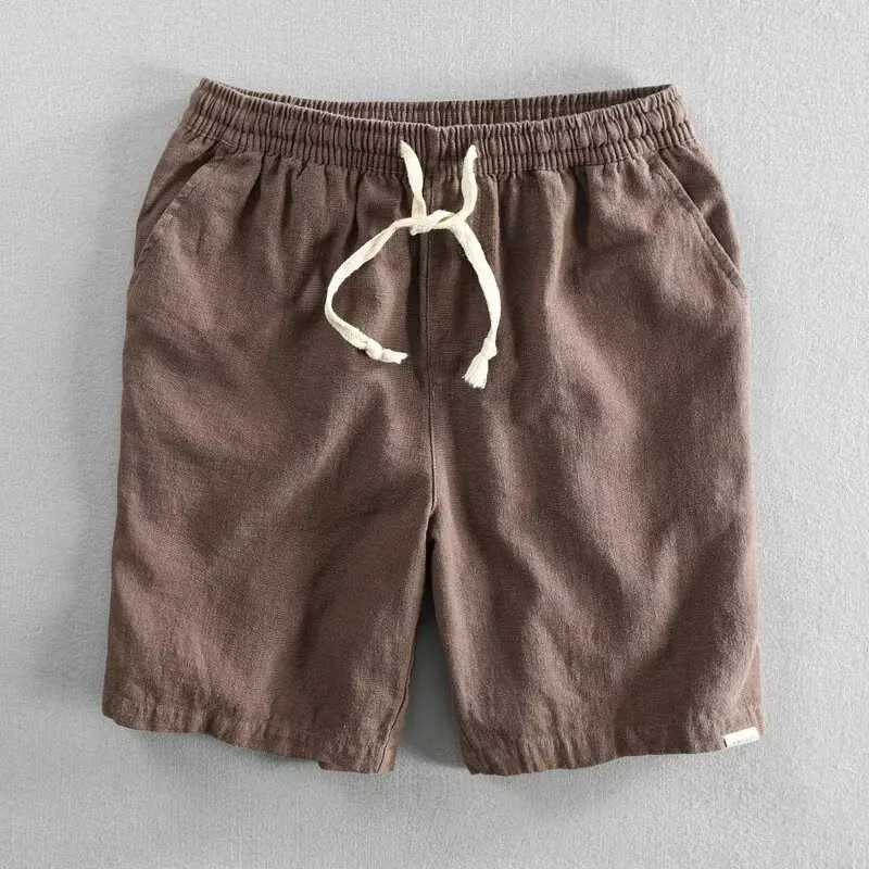 2025 Summer Men Casual Cotton Linen Shorts Knee Length Beach Elastic Waist Shorts Solid Color Comfortable Pants NewT250304