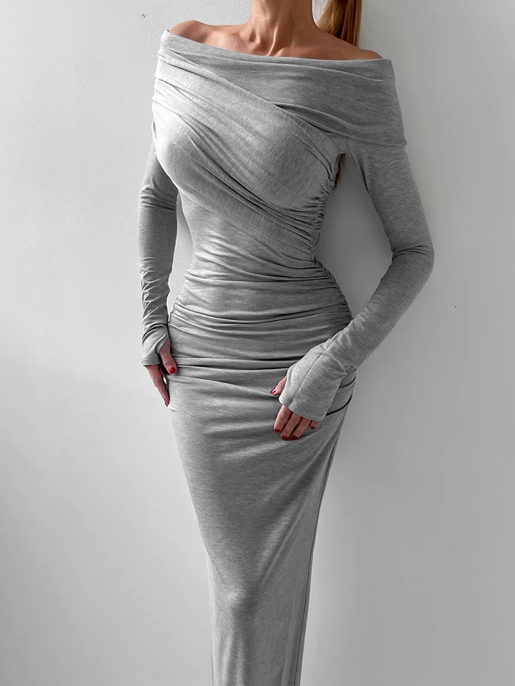 Mnealways18 Gray Knitwear Slash Neck Bodycon Dresses Thin Irregular Party Evening Sleeves Hole Long Dress Autumn Lady