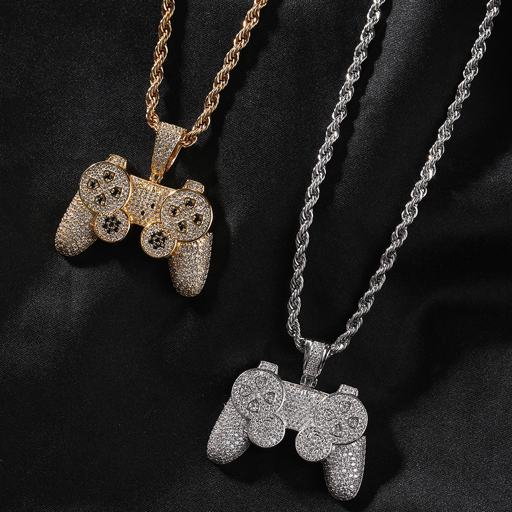 Hip Hop Creative Game Console Controller Pendant Necklace 5A Zircon Gold Boy Men Jewelry