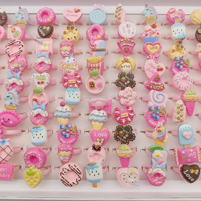 100pcs/Lot Wholesale Children Finger Rings for Girls Party Pink Cute Jewelry Open Adjust Resin Ring Cake Animal Fruit Ice Cream 250304
