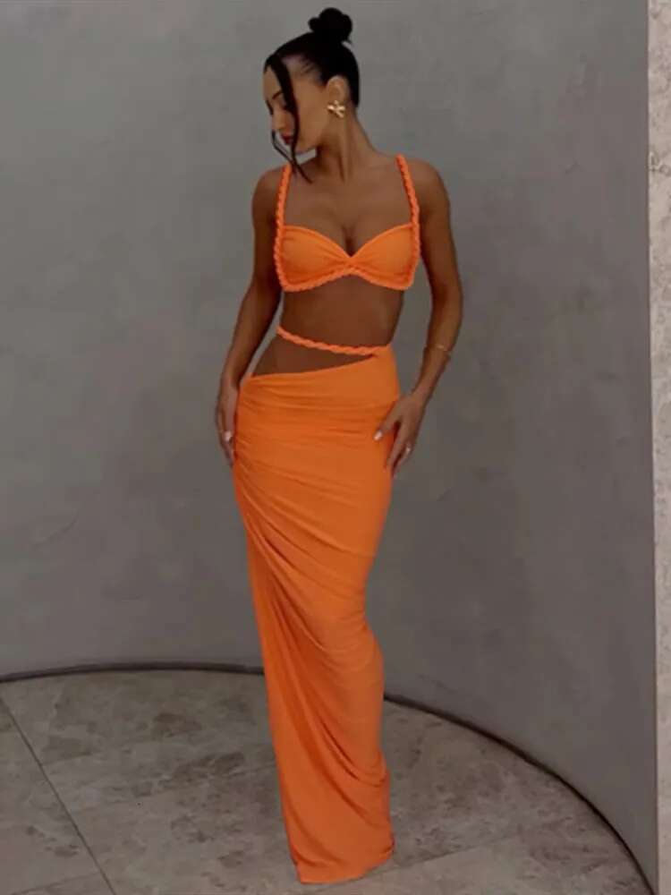 2025 New In Matching Sets Women Elegant Sleeveless Pleated Crop Tops Irregular Waist Long Skirt Vacation Beach Lady Suit Summer