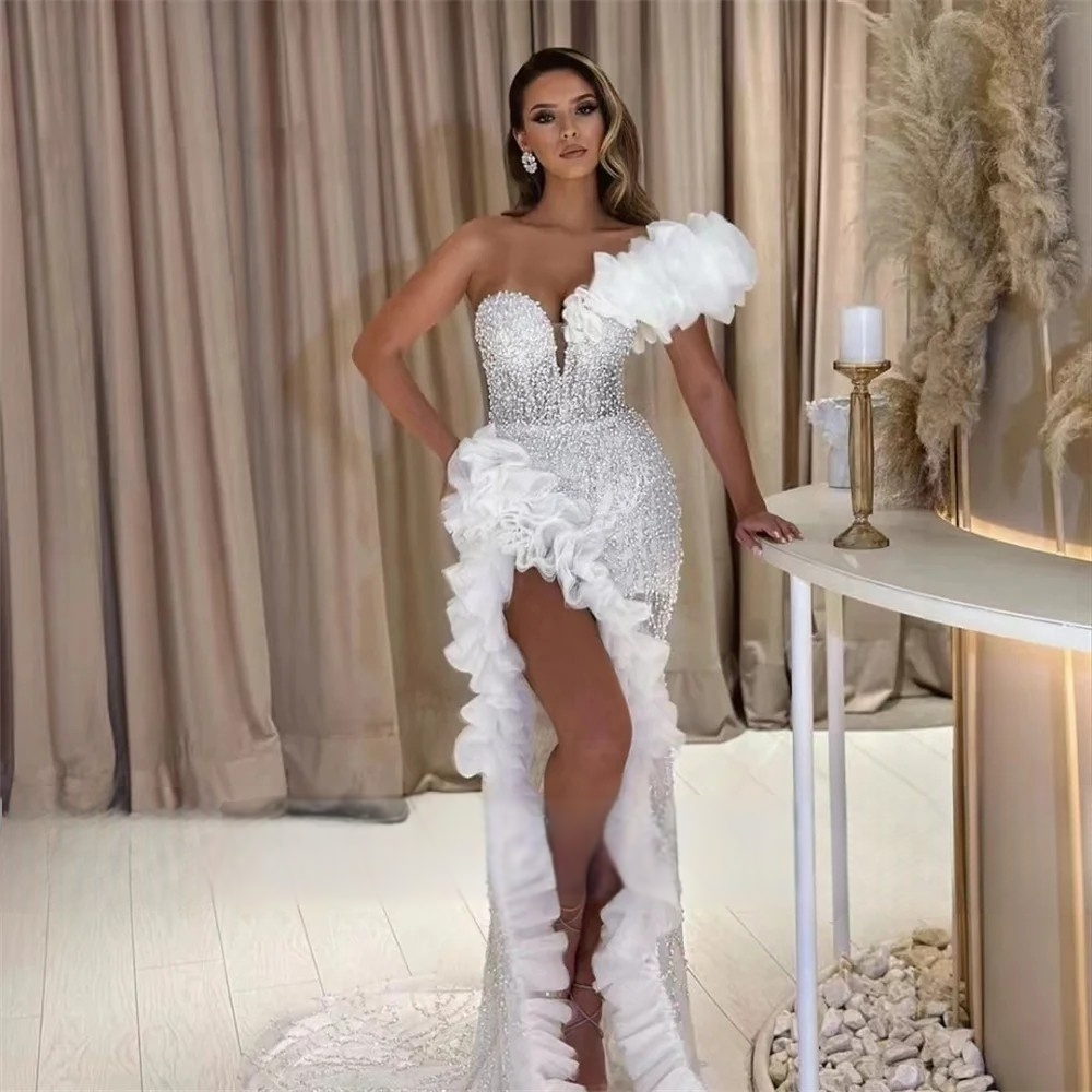 Ruffles One Shoulder Prom Dresses Side High Slit Sexy Evening Gowns Glitter Sequined Long Pageant Dress For Women 2025