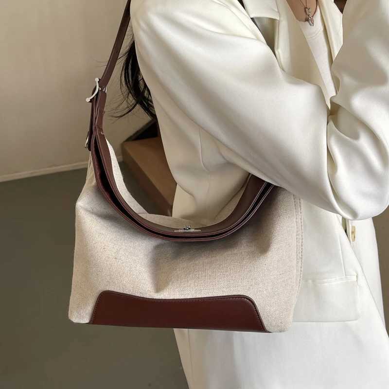 Brand Designer PU Leather and Canvas Patchwork Womens Shoulder Bag Retro Lock Crossbody Bag Hobos Handbag Y250303