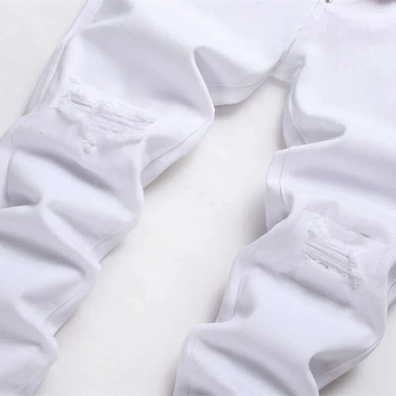 Pure White Jeans Slim Hole Elastic Four Seasons Casual Cotton Men's Basic Washing Process