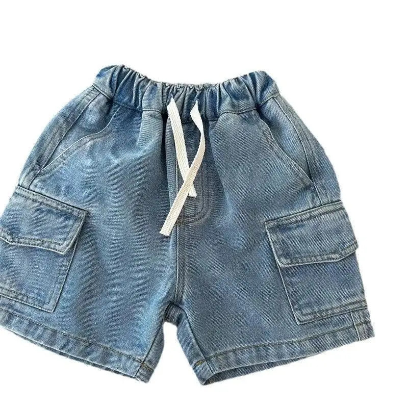 Boys Girls Denim Shorts Summer Elastic Waist Drawstring Solid Color Pocket Cargo Jeans Baby Casual 250303