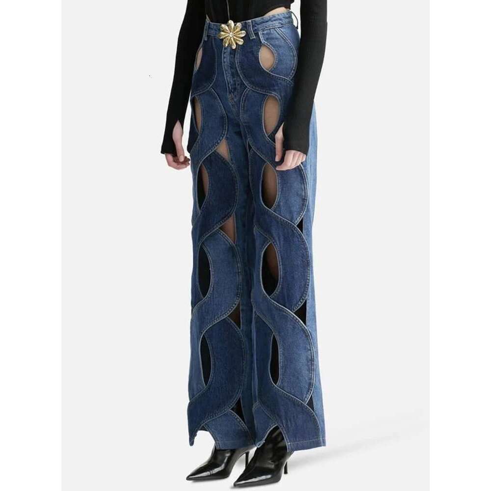 Fashion Women's Jeans High Waist Cross Contrast Color Hollow Out Metal Button Straight Denim Pants Summer 2025 New