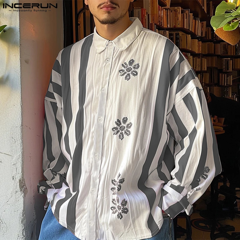 American Fashion Long Sleeve Shirts INCERUN Lapel Collar Floral Printing Stripe Splicing Tops Handsome Commuting Blouses 250227