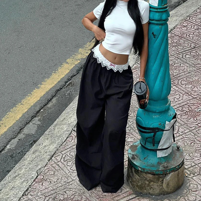 CIBBAR Contrast Lace Stitching Wide Leg Pants Streetwear y2k Low Rise Loose Black Trousers for Women Korean Fashion Baggy Capris 250303