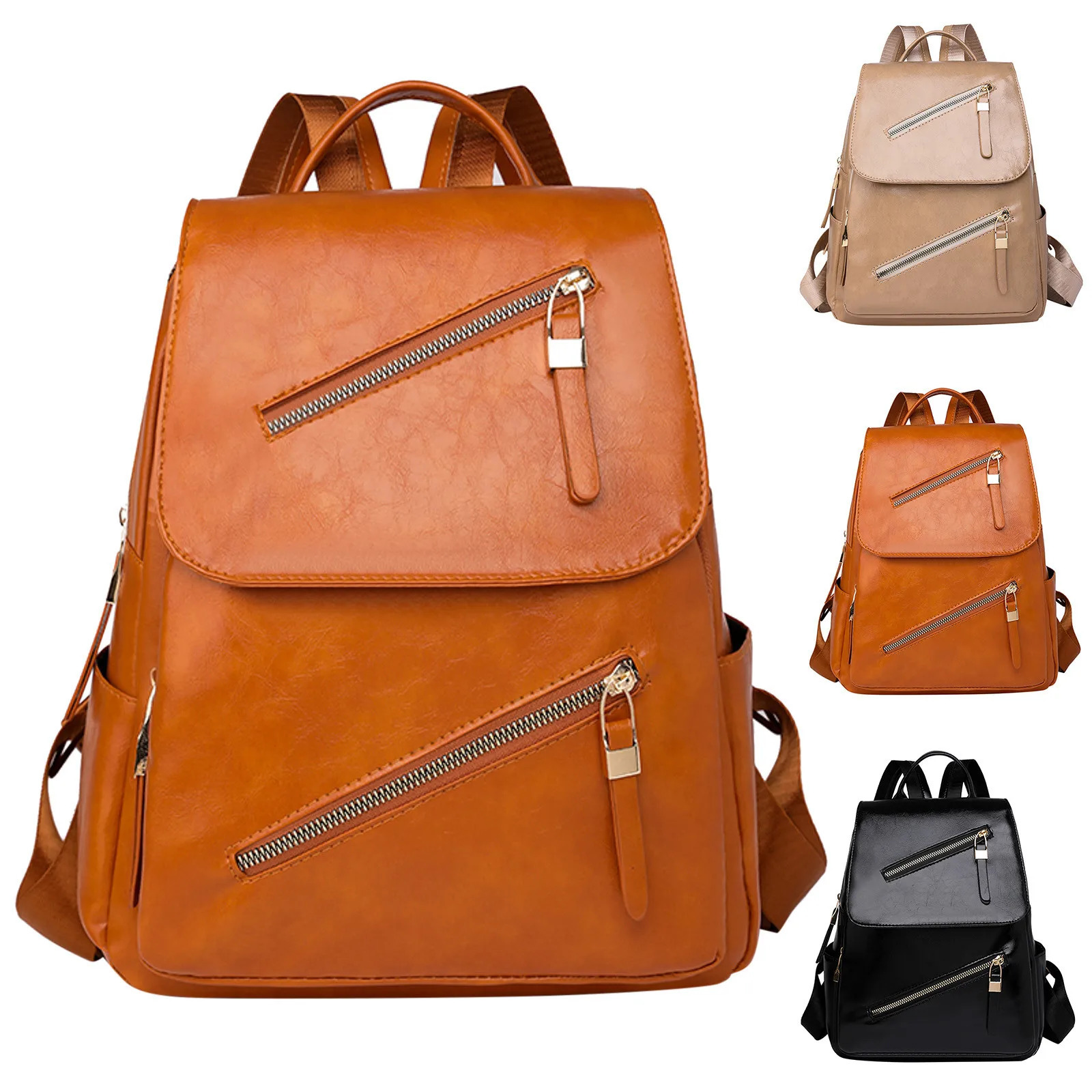 Ship from US Womens Multi functional Backpack Fashion Solid Color Leather Zipper Large Capacity Adjustable Shoulder Straps Mochilas 250304FBB