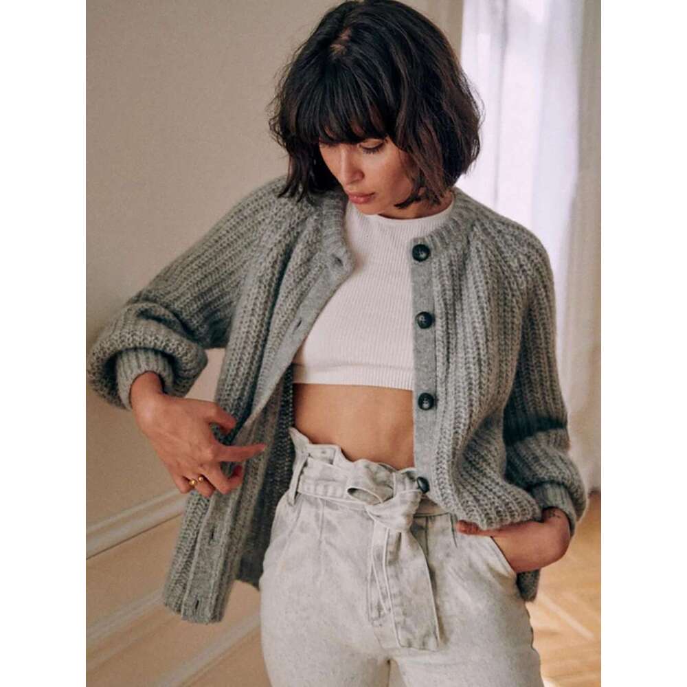 Solid Color Chunky Jacquard Knit Cardigan O-Neck Long Sleeve Button Female Sweater Casual Cozy Ladies Tops 2025