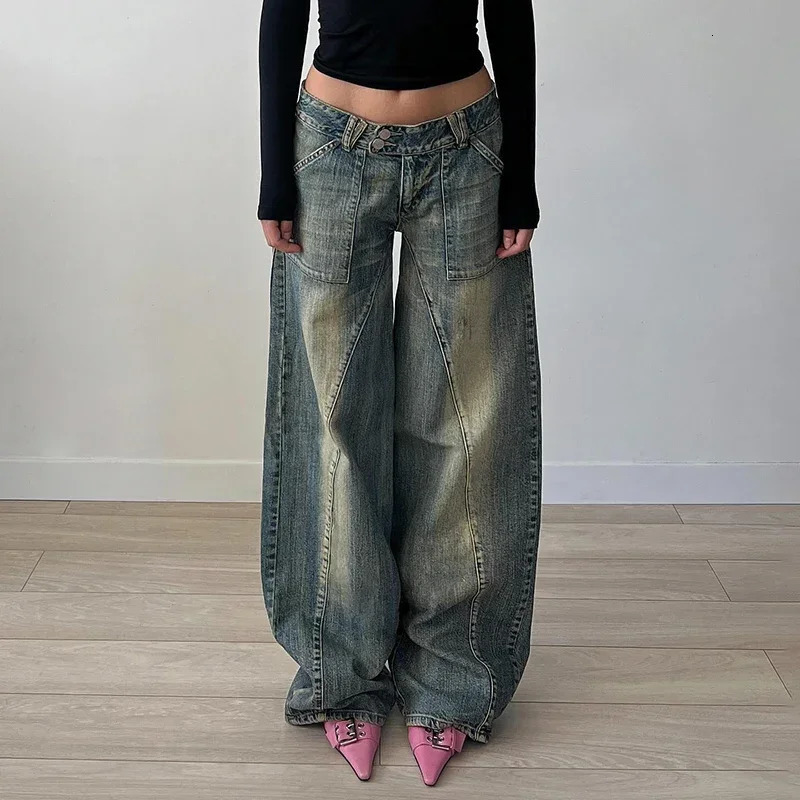 Baggy Distressed Jeans 90s y2kStreetwear Low Rise Vintage Loose Denim Pants Patchwork Mom Jeans Autumn Harajuku Clothing 250228