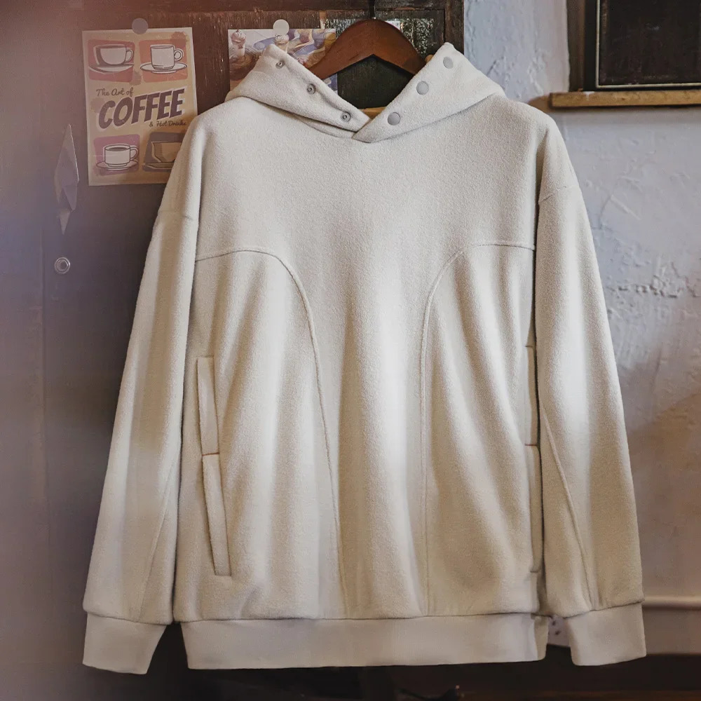 Maden Casual Doublesided Polar Fleece Hooded Sweatshirt with Button Thickened Warm Pullover for Mens Autumn and Winter Hoodie 250304
