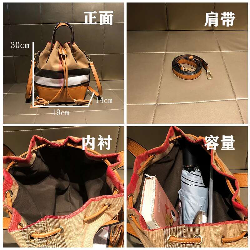 Fashionable Plaid Women Canvas Barrel Bucket One Shoulder Crossbody Bag Female Designer Purses And Handbag Pouch 2024