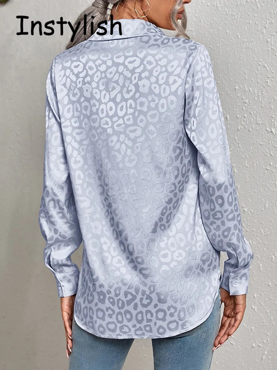 Women Leopard Print Blouse Spring Summer Long Sleeve Lapen Vintage Button Up Shirt Office Lady Satin Tunics Harajuku Top 250303