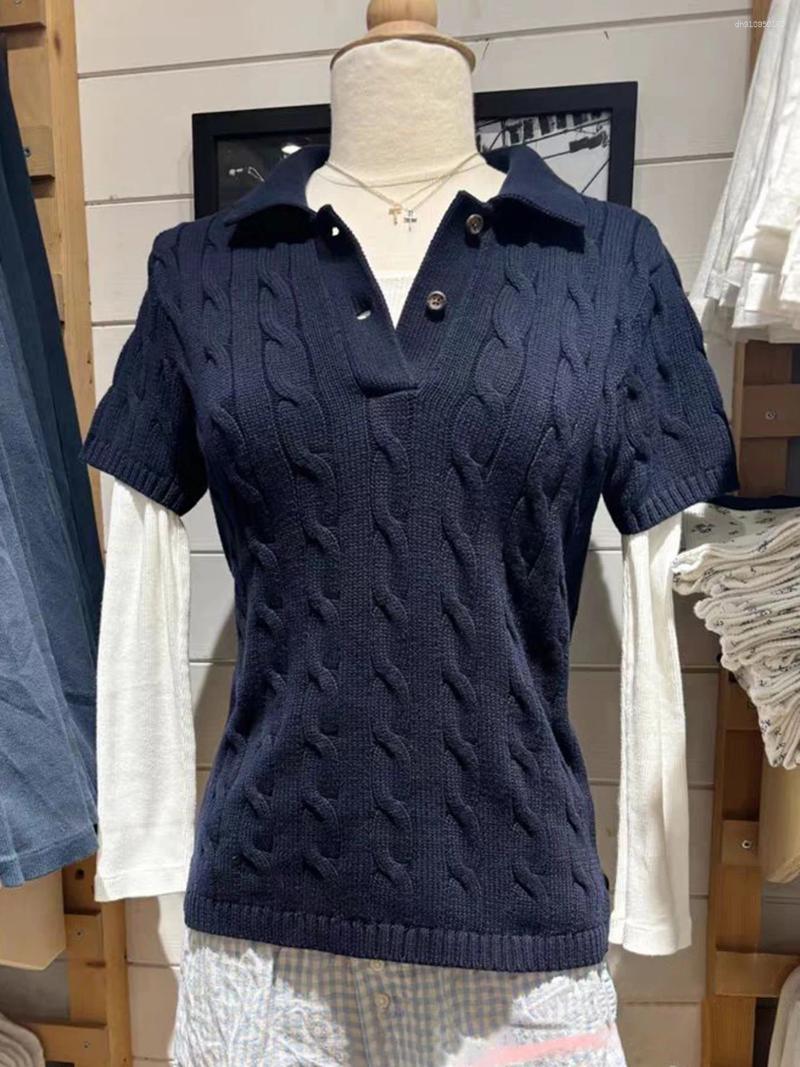 Women's Polos Twist Knitted Spring Clothes 2025 Turn Down Collar Short Sleeve Tees Girls Vintage Casual T-shirt Sweet Y2k