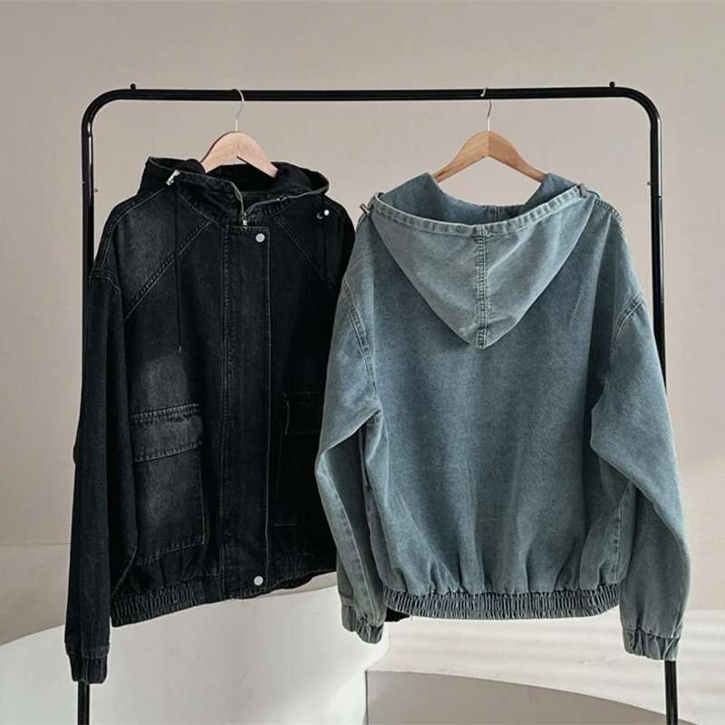 Fashion Drawstring Hooded Denim Jacket Women's Loose Zipper Long Sleeves Casual Black Jackets New Tide