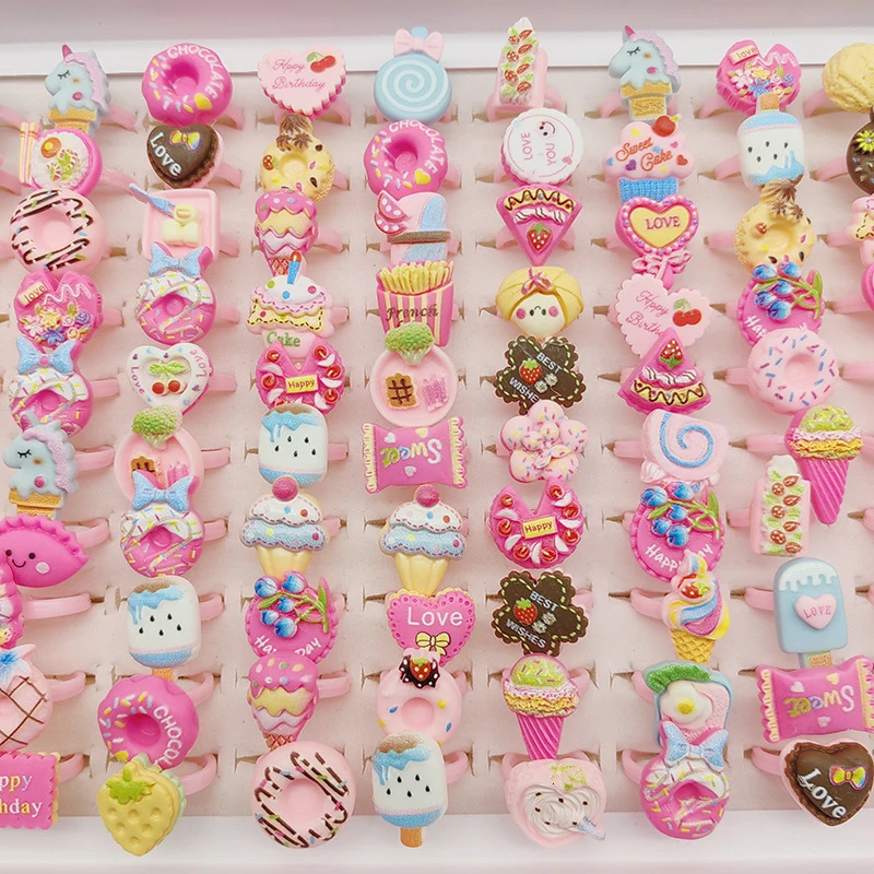 100pcs/Lot Factory Wholesale Open Adjust Child Finger Rings for Party Cosplay Show Resin Jewelry Cute Girls Animal Foods Fruits 250304