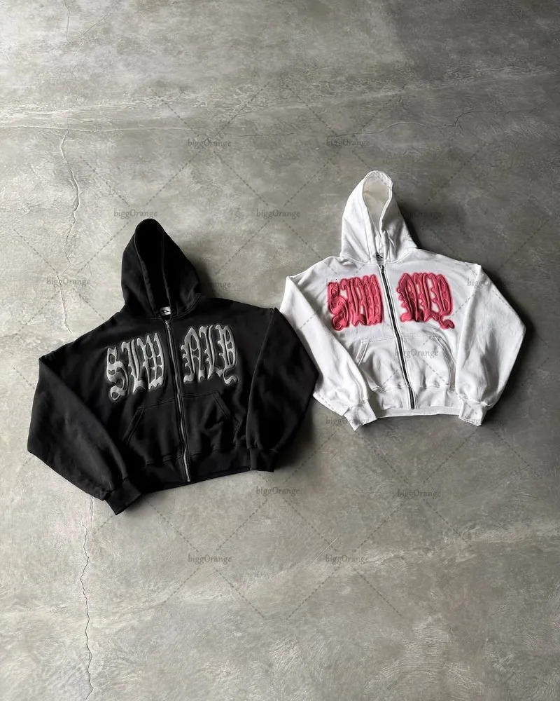 Gothic Punk Letter Printed Zipper Hoodie Men Hip-hop Street Trendy Jacket Y2K Harajuku Retro Casual Oversized Sweatshirt Women 250303