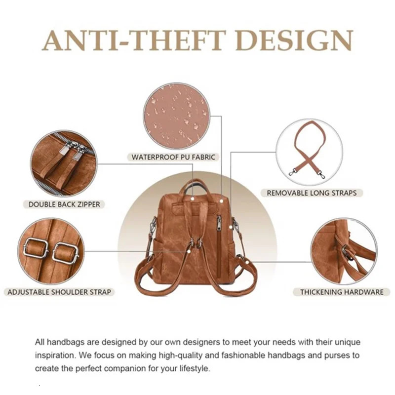 Ship from US Backpack Purse for Womens Waterproof PU Leather Backpacks Handbags Ladies Casual Shoulder Bags Brown 250304FBB