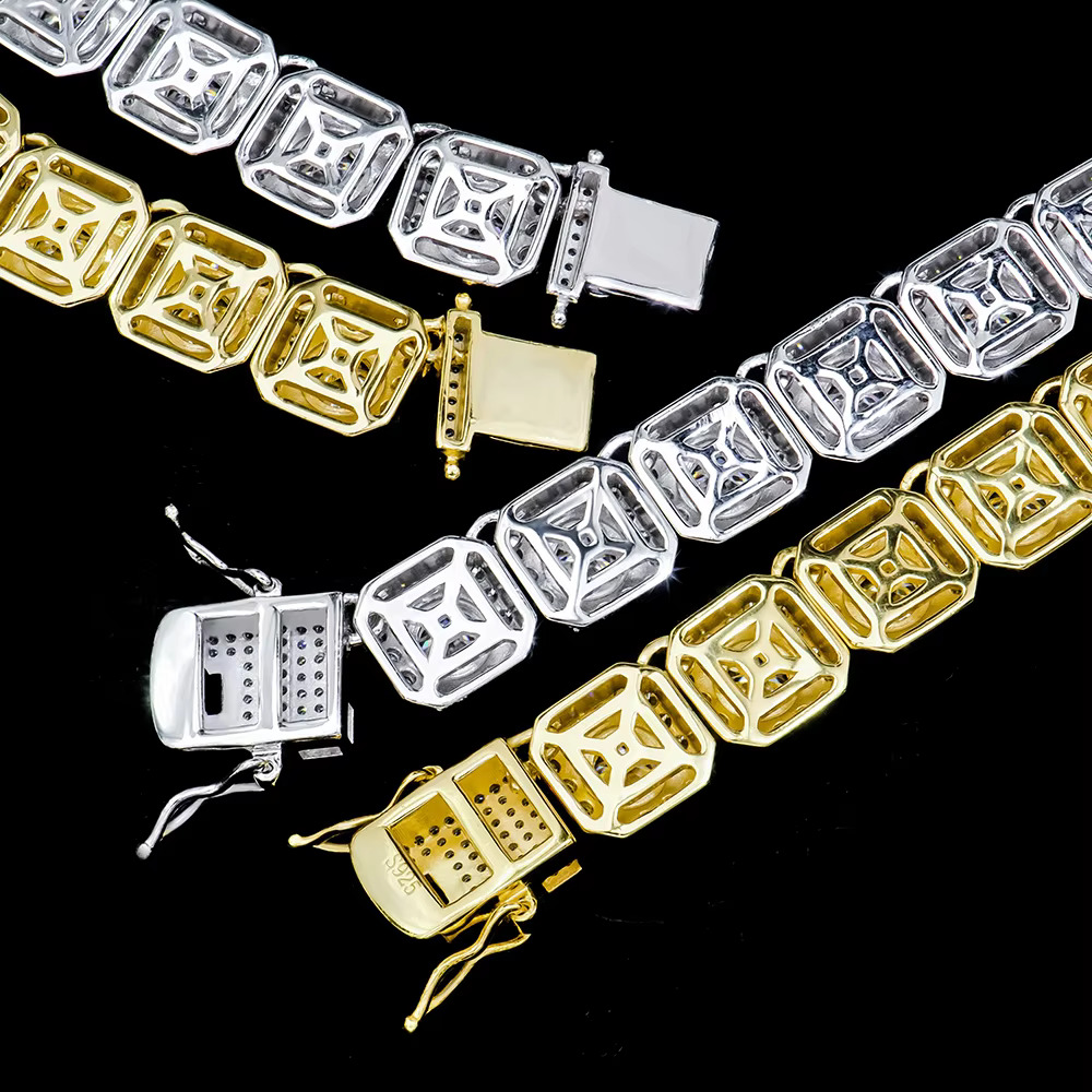 yue Factory Hip Hop Cuban Gra Certified 11mm Mossanite Moissanite square Cut Clustered Tennis Chain Necklace with Side Ice