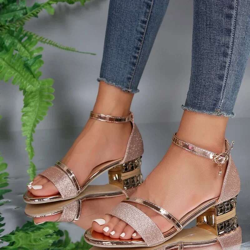 Casual Women Sandals Women's Open Toe Summer Gold Shoes Square Female Ankle Strap Low Heels Footwear Woman 's