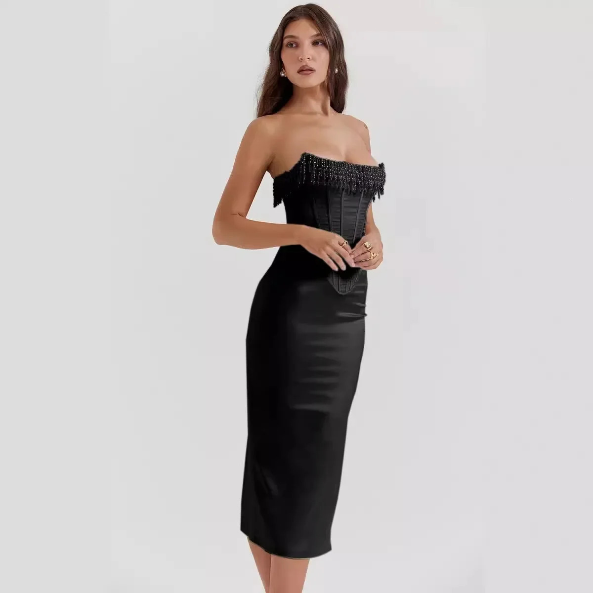 Customizable Formal Womens PU Pearl Strapless Fishbone Sexy White Bodycon Dress Elegant Back Slit Midi Evening Party Dresses 250303