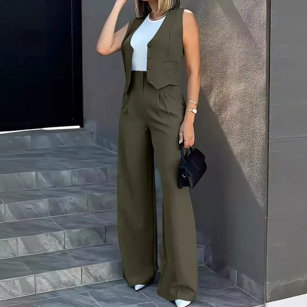 s crossborder foreign trade supply to Europe and America fashionable vest wide leg suit pants commuting set 250225