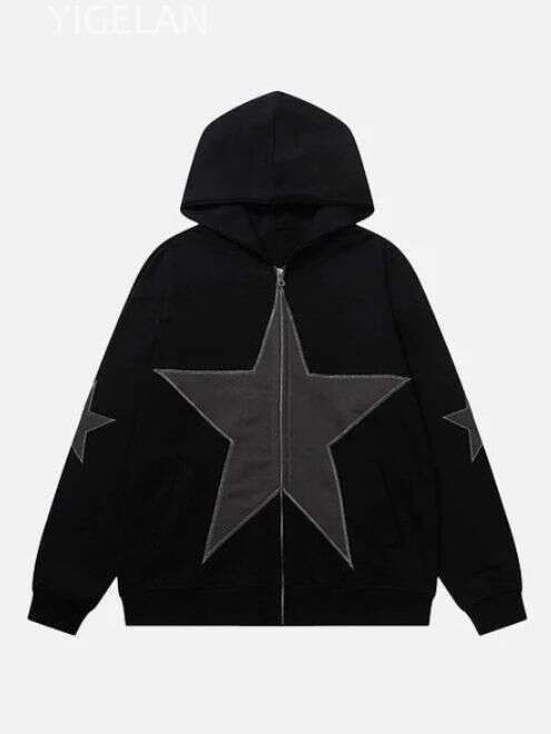 Street oversized loose fitting women's pentagonal star patch embroidered printed hoodie personality zipper sweater men's jacket