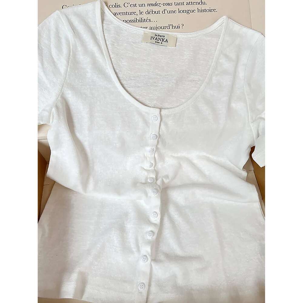 Yi Solid Graphic Print Women T-Shirt Summer Short Sleeve Button Lady Cardigan Classic Casual Vintage Femme Top 2025