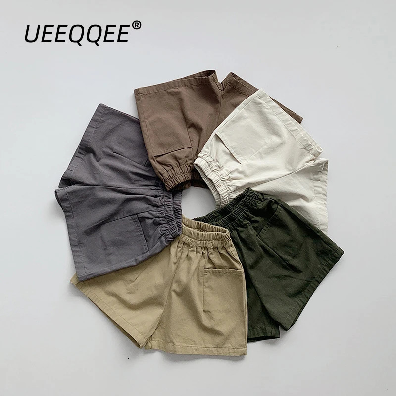 Summer Children Shorts 1-8Y Boys Girls Cotton Pocket Solid Pants Daily Short Trousers Korean Toddler Wear Kids Clothing 250304