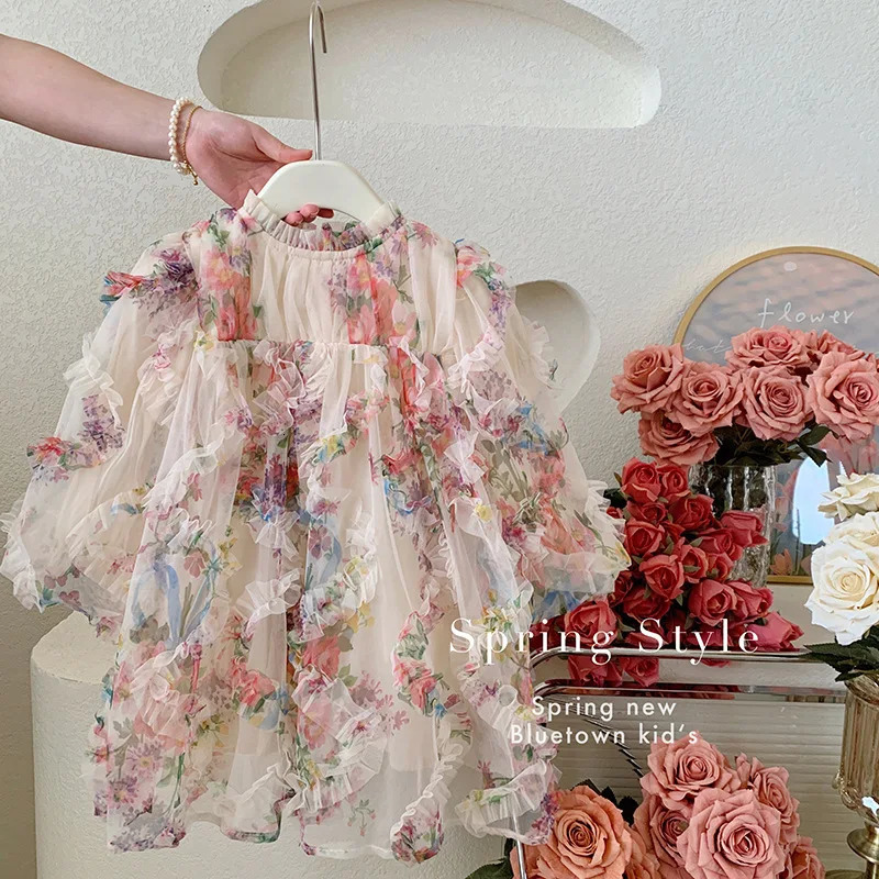Spring and Autumn Girls Dress Round Neck Long Sleeve Flower Stickers 18 Year Old Princess Childrens Clothing 250303