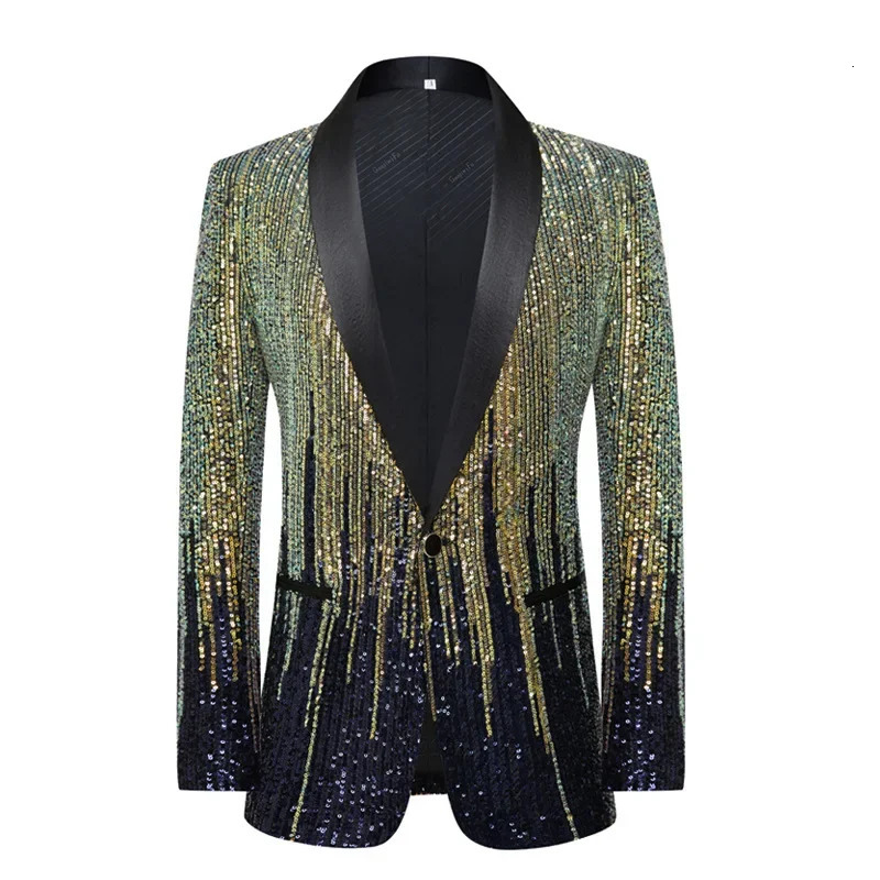 Blue and Gold Sequins Decoration Mens Blazer Wedding Party Dress Coats Fashion Stage Performance Jackets Asian Size M5XL 250304
