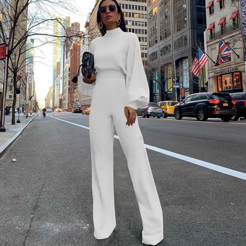 Wide Leg Pant Jumpsuit Women Fashion Stand Neck Lantern Sleeve Rompers Autumn Winter Casual High Waist Jumpsuits Black 250303