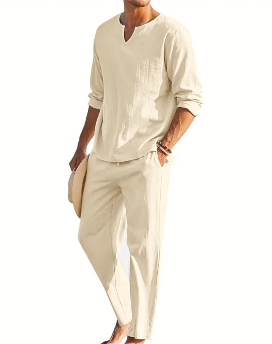 Spring and autumn explosive mens Solid color Vneck shirt pants trend casual sports fashion suit 250227