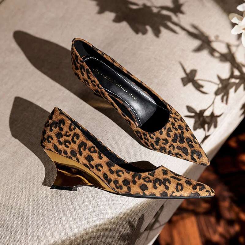 Leopard Print High Women's Pointed Wedge Heels Sheepskin Sexy Shallow Mouth Single Mary Jane Shoes