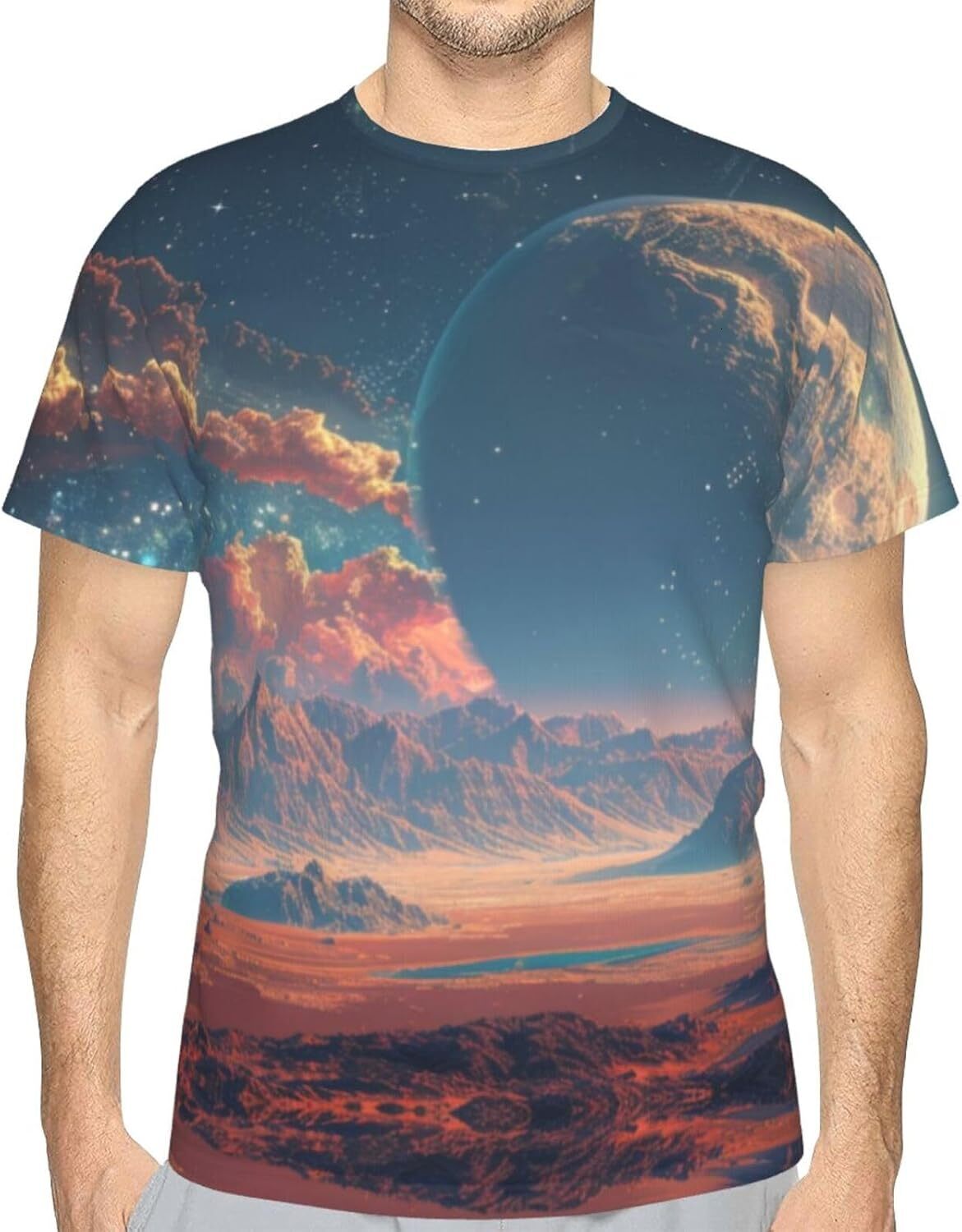 Mens T shirt Alien Landscape 3D Printed Graphic T-Shirt for Men & Women - Space Planet Art Soft Casual Trendy Summer Tops Tee tee Casual tops summer c