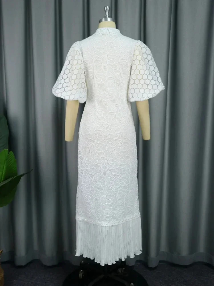 White Lace Dresses for Women Wedding Guests Elegant Turn Down Collar Puff Sleeves Pleated Hem Midi Dress Occasion Clothes 250303