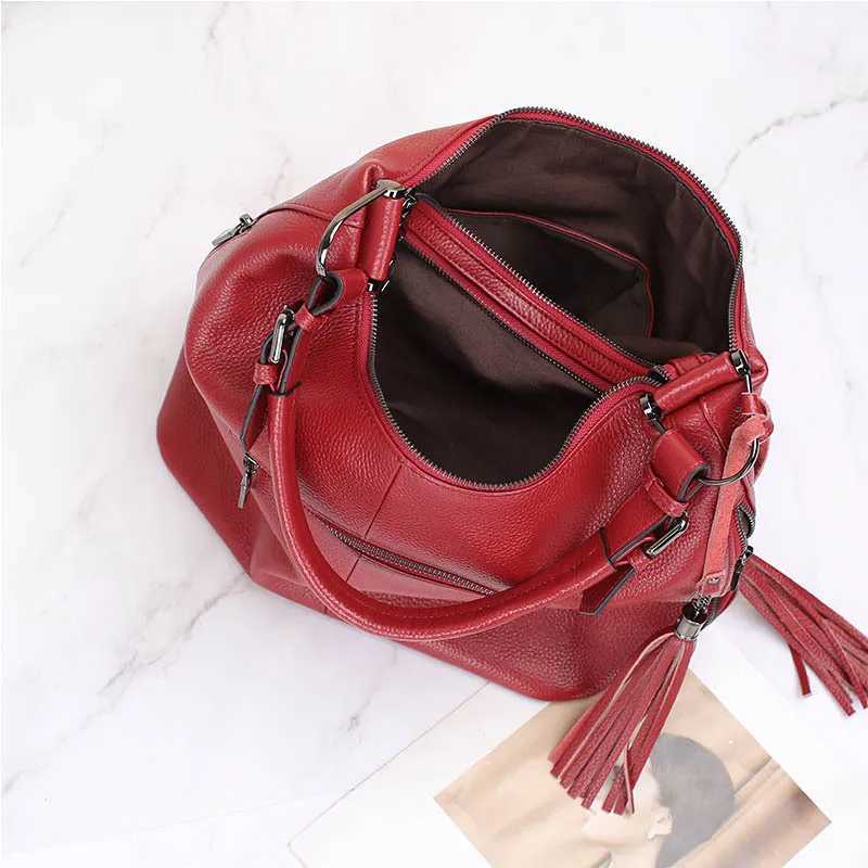 Zency Fashion Tassel Women Shoulder Bag 100% Genuine Leather Daily Shopping Hobos Classic Large Red Tote Handbag Crossbody Bag Z250303