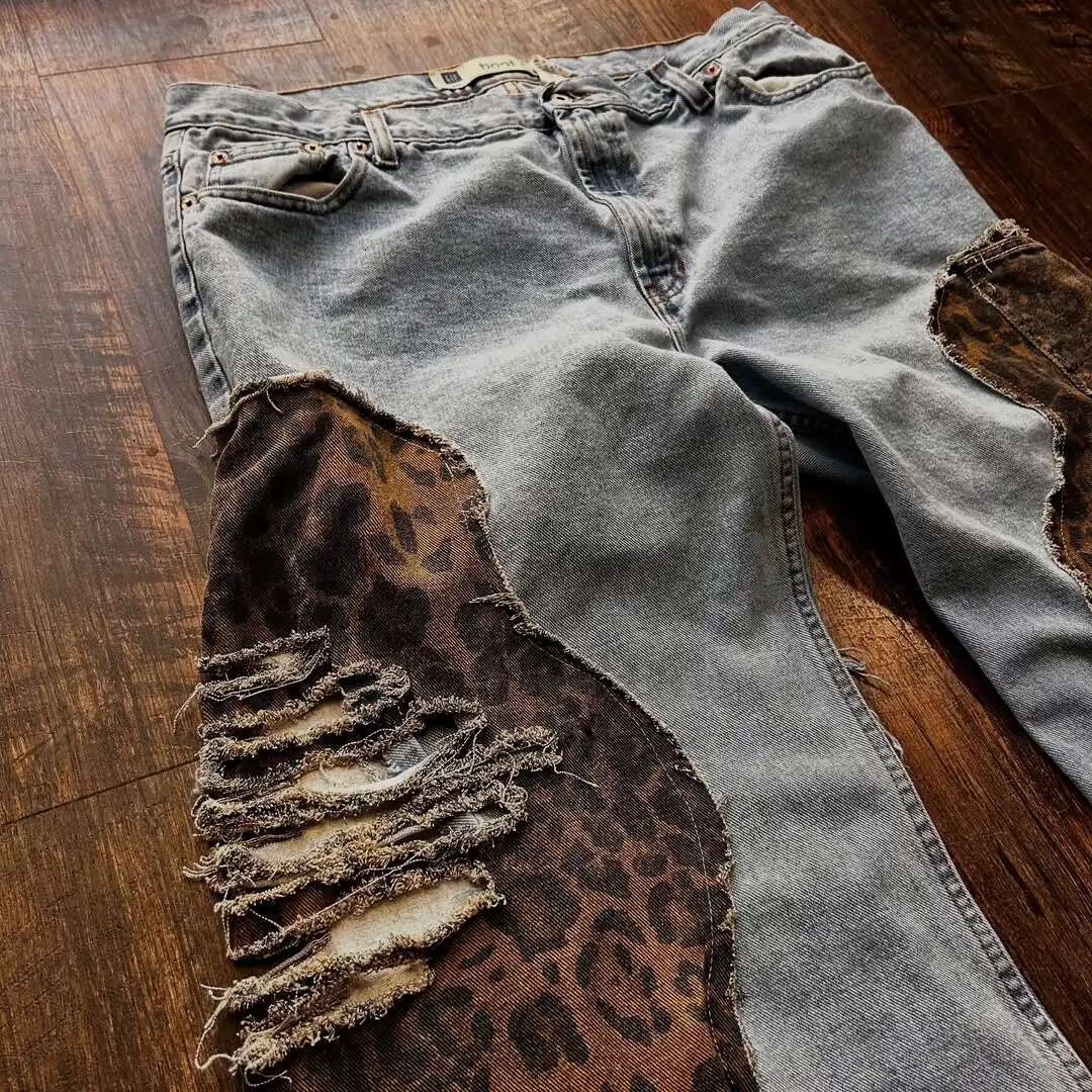 Haruku Retro Unique Destruction Design Leopard Print Patchwork Washing Jeans Men's Loose Casual Street Hip-Hop Wide-Leg Pants
