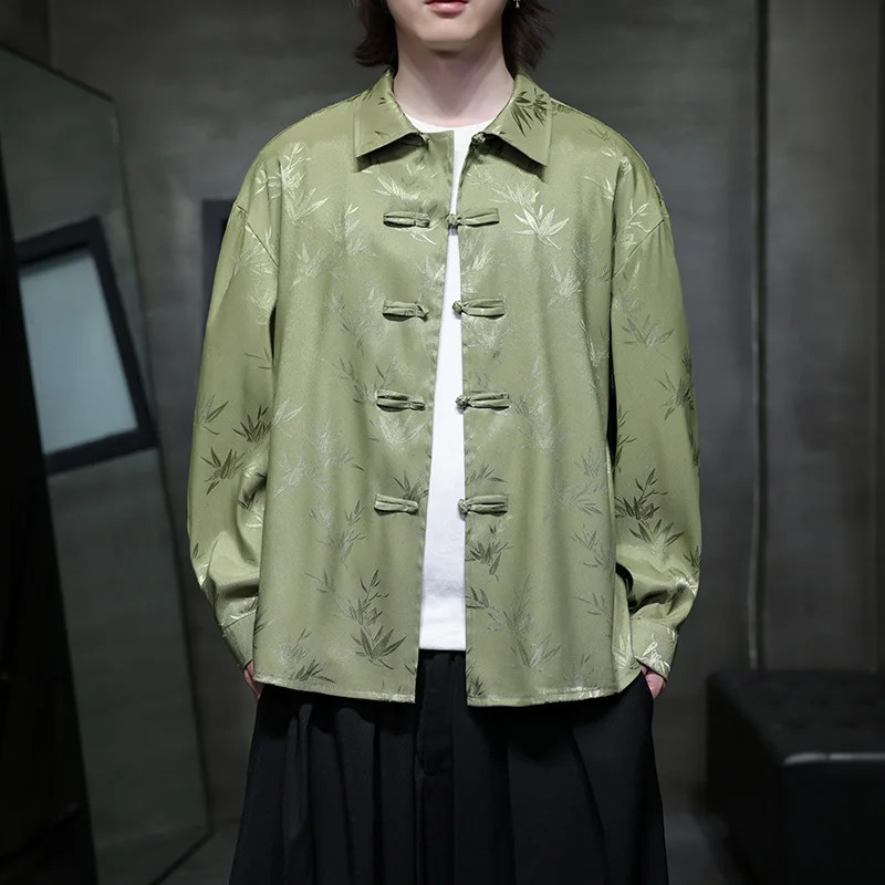 Autumn Chinese Style Jacquard Shirt Mens Trendy Long Sleeve Chinese Style Button Tang Clothing 250227