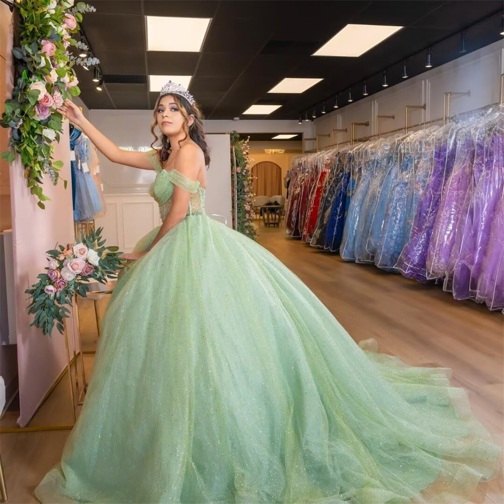 Ball Gown Quinceanera Dresses Sequins Beading Off the Shoulder V-Neck Lace-up Plus Size Sweet 15 16 Princess Birthday Party Gowns Vestidos De 15 Anos 
