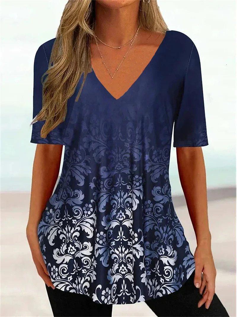 Simple Womens T-shirt 3d Wave Curve Tee Fashion V-neck Summer Short Sleeve Loose Streetwear Female Clothes Casual Tshirt Ladies 250303