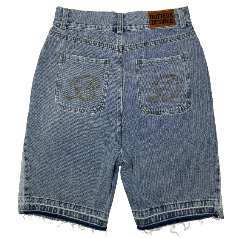 Y2K Retro Denim Shorts Washed Tassel Alphabet Embroidery Pattern Jorts Men Harajuku Hip Hop Trend Versatile Unisex Baggy Shorts 250304