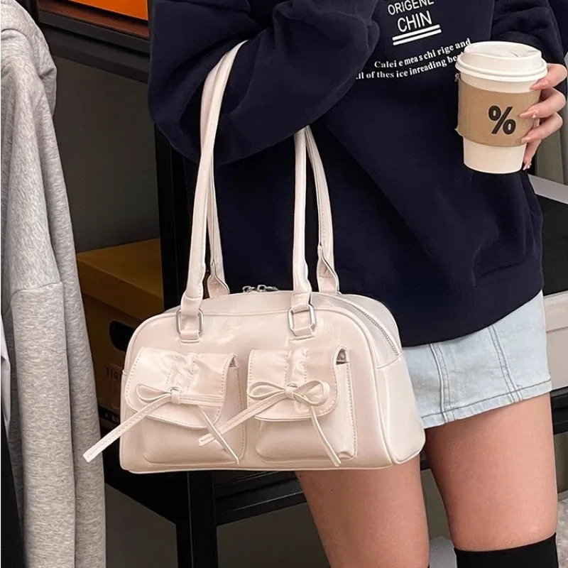 Xiuya Silver Pleated Womens Shoulder Bag Elegant Gentle Korean Fashion Leather Handbag Bow Sweet Simple Ladies Boston 250303