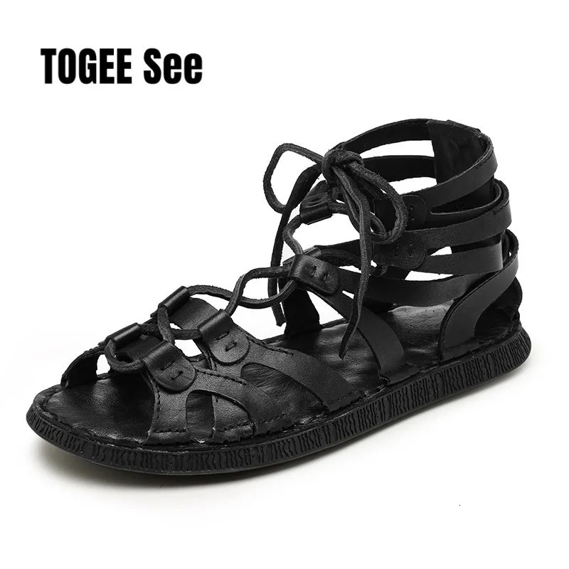 Summer Mens Shoes Genuine Leather Roman Style Handmade er Casual Shoes Soft Comfort Outdoor Beach Sandals Mocassins 250303