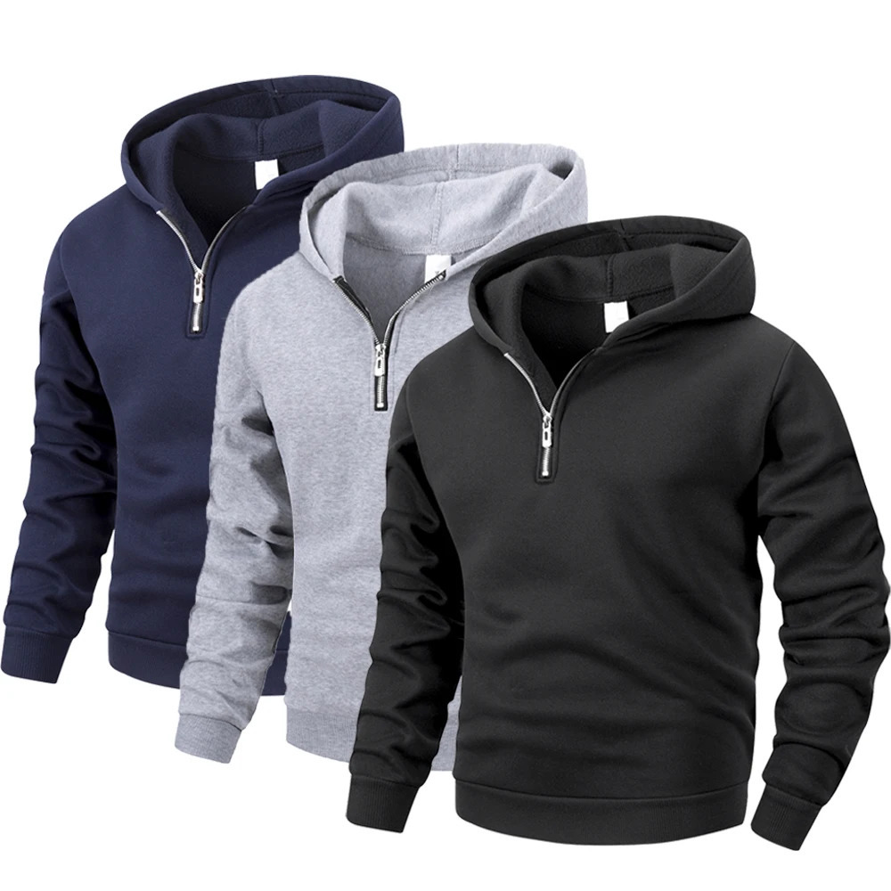 Mens Half Zipper Hooded Sweatshirts Solid Color Long Sleeve Streetwear Warm Jacket Casual Loose Pullover Fashion Sweatshirt Top 250304
