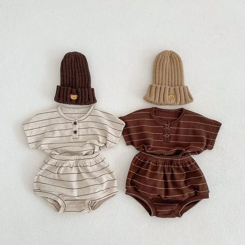 Summer Baby Clothing Set Infant Girls Striped Tee and Bloomer 2PCS Toddler Boys Short Sleeved Top Suit 250304